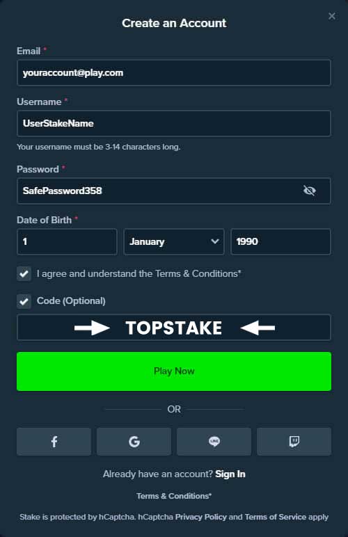 Stake Online Casino Registration Welcome offer Code Promo Code Promocode Bonus Code TOPSTAKE